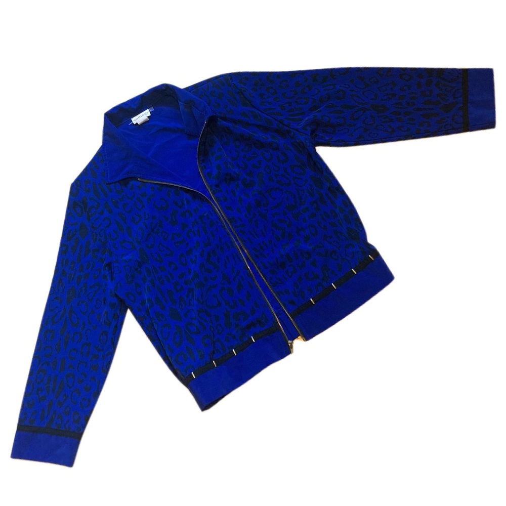 Blue Leopard Print Vintage Jacket Small Rig Shoulder Pads Metal Accents Zipper